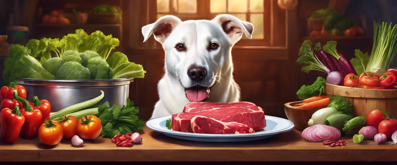 white dog at table with raw piece of meat on a plate in front of it surrounded by raw vegetables