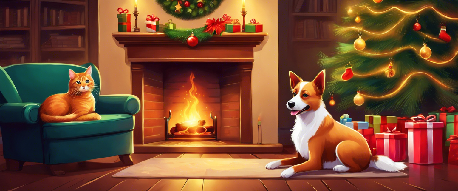 dog and cat sitting in front of fireplace and Christmas tree with presents